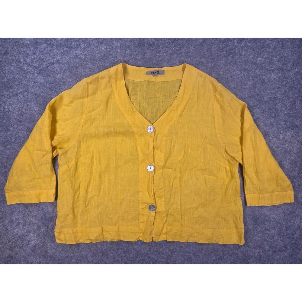 FLAX Womens Yellow 100% Linen V-Neck Button Up 3/4 Sleeve Top Size Large Shirt